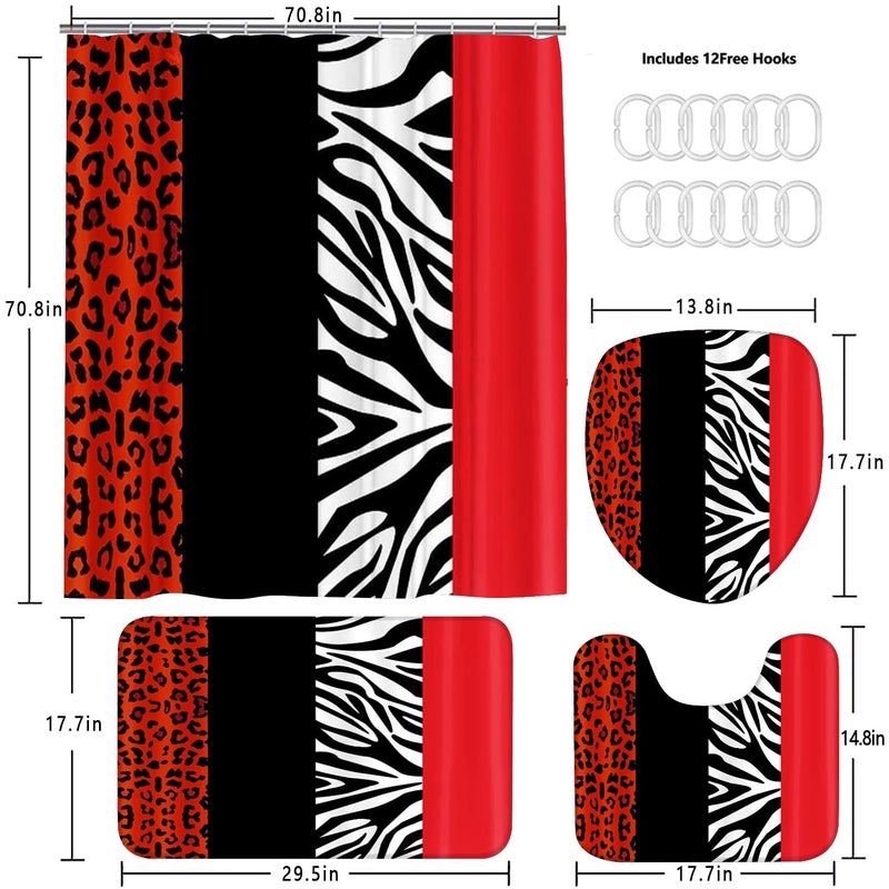 jieprom 4PCS Leopard Print Shower Curtain Set with Rug  Toilet Lid Cover and Bath Mat Red Black Splice Shower Curtain with 12 Hooks  Complete Bathroom Accessories Decor Set - Image 5